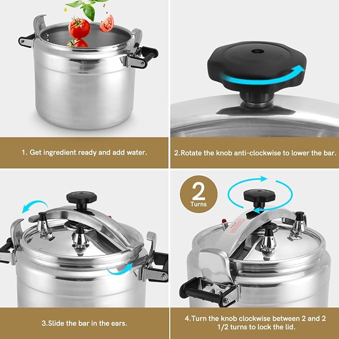 BreeRainz 26 Quart Clamp On Pressure Cooker, Aluminum Pressure Cooker w/Ultra Safe Clamp Bar Locking System, Double Valves for Stable Cooking Pressure, for Family or Commercial Use