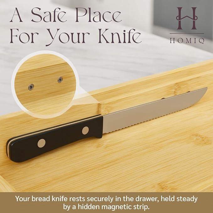 Bread Box for Kitchen Countertop - Bamboo Wood Breadbox with Knife Storage, Ventilation Holes - Farmhouse Loaf Organizer, Versatile 2 Layer Bread Storage Container for Snacks Mugs Spices