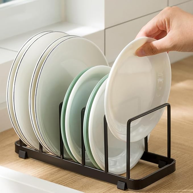 2 Pack Plate Home Accented Storage Rack, Plate Holders Organizer, Metal Dish Storage Dying Display Rack for Cabinet, Counter and Cupboard, Black