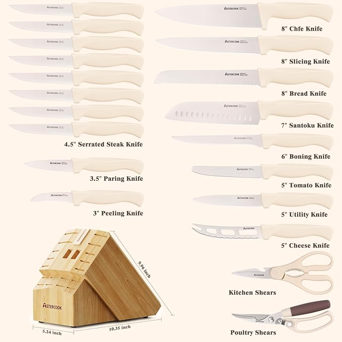 Knife Set, Astercook 22-Piece Kitchen Knife Set with Block & Built-in Sharpener, Ultra-Sharp High Carbon Stainless Steel Knives, Dishwasher Safe, Ergonomic Anti-slip Handle, Cream White