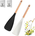 Cedar and Ash Spoon, Multifunction Spatula Cooking Spoon, Heat-Resistant Silicone, Wooden Handle, Safe for Nonstick Cookware, Ergonomic Grip, Ideal for Stirring, Mixing, Serving (2pcs White+Black)