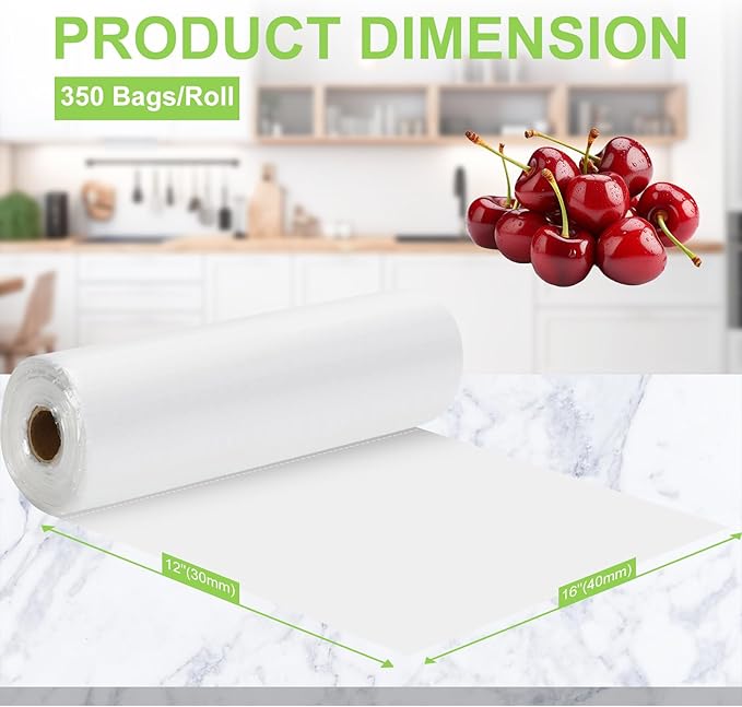 Food Storage Bags, 12" X 16" Plastic Produce Bag, Clear Plastic Bag for Food, Fruit, Vegetable, Refrigerator Storage, Kitchen, 350 Bags/Roll, 8 Rolls