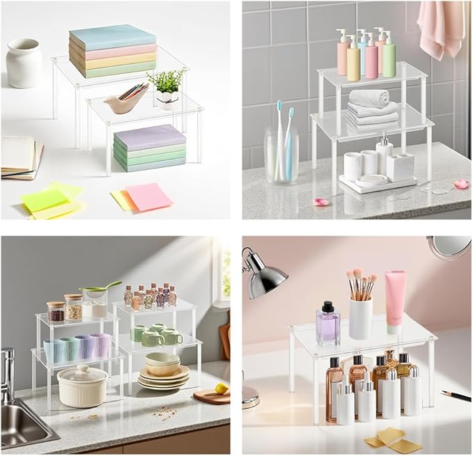 Acrylic Cabinet Organizer, 4Pack Spice Rack Organizer for Cabinet, Desk Countertop Shelf Organizer for Dishes, Spices, Soda Cans and Bottles, Stackable Shelves House Essentials for Gift