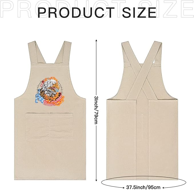 Cotton Linen Apron Non-tie Cross Back Kitchen Apron with Pockets Soft Comfortable Durable for Cooking Baking Gardening (Khaki)