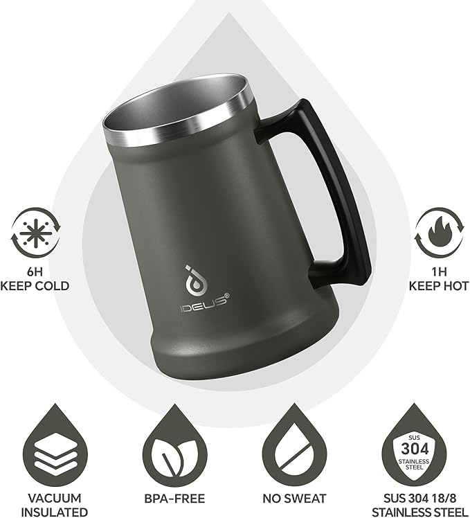 Ideus Insulated Beer Stein, 24/32oz Stainless Steel Double Walled Beer Mug Giant Bar Drinkware Metal Beer Cup with Big Grip Handle (Grey, 24oz (710ml))