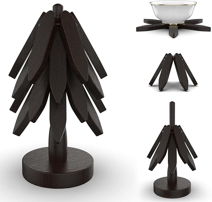 Wooden Trivets for Hot Dishes,Tree Shape Trivet Set, 4 Wooden Trivets+1 Stand, Natural FoldableKitchen Wooden Trivet for Hot Dishes、Pot、Bowl、Teapot、Hot Pot Holders (Black)