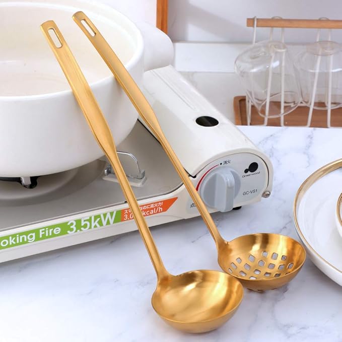 2 Pieces Gold Metal Soup Ladle Colander Set, Long Handle Stainless Steel Kitchenware Cookware Serving Spoon Cooking Utensil for Hotpot