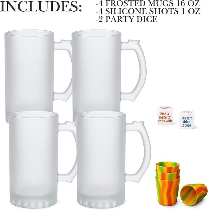 Beer Mugs for Freezer 8 Piece Set, 4 Heavy Beer Stein with Handle & 4 Plastic Shot Glasses Set for Men, 16 oz Mugs, Party Gift Set