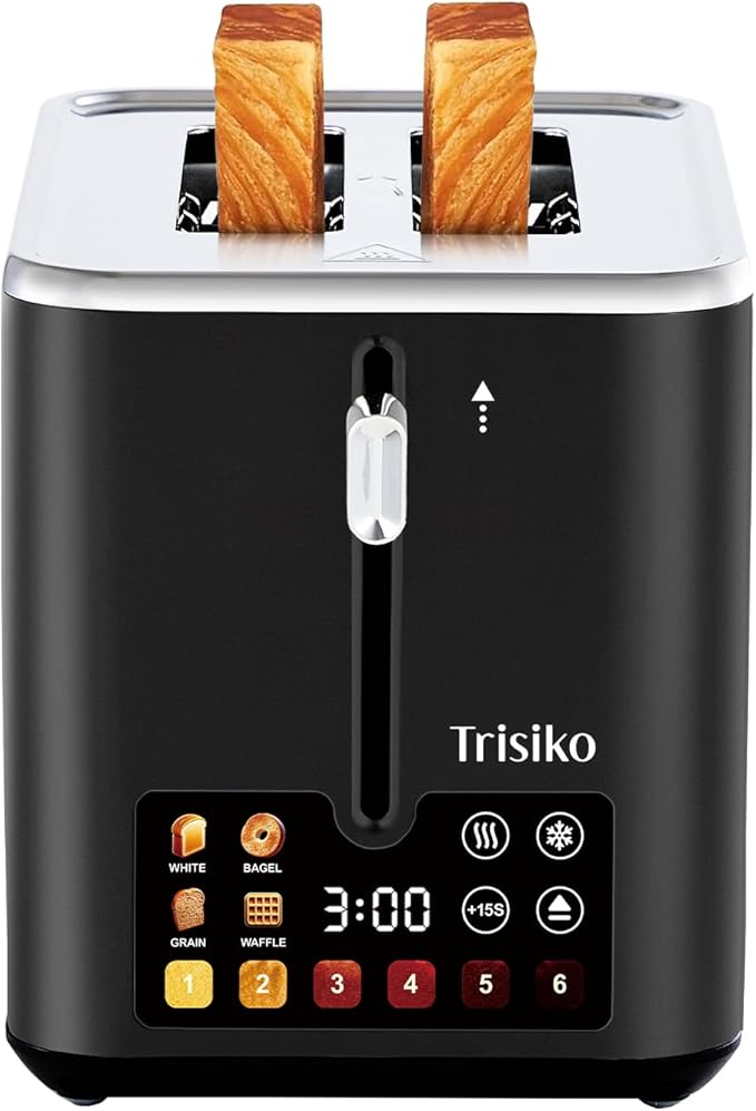 Trisiko® Touch Screen Toaster 2 Slice,Smart Toaster with Digital Timer, 1.38" Extra-Wide Slots for Bread& Bagel,with Reheat, Defrost, Cancel, +15s Boost, Great for Home, Office, Dorm (Black)