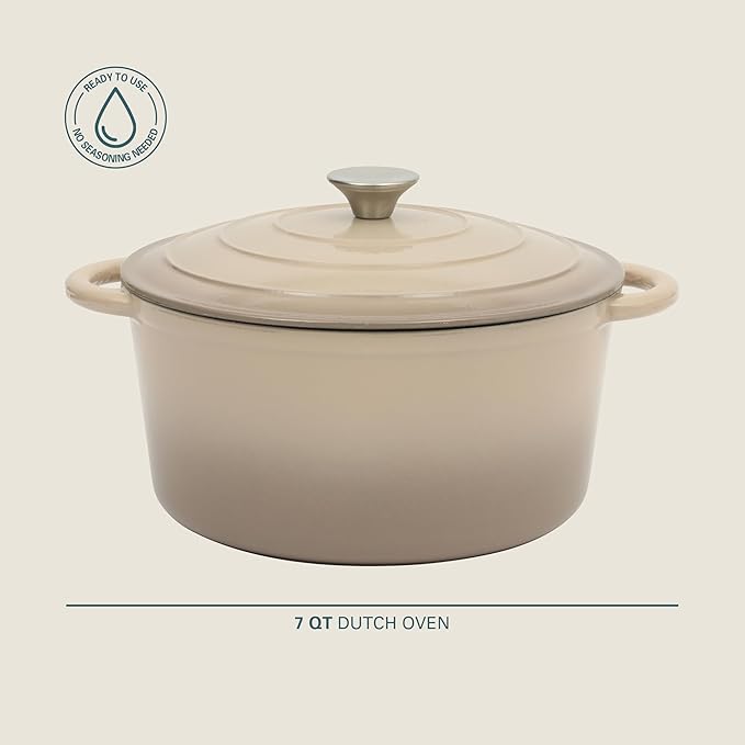 Gibson Home Addlestone 7 Qt Enameled Cast Iron Dutch Oven Pot with Lid – Round, Oven Safe to 500°F, Ideal for Bread Baking & Stews - Gradient Taupe