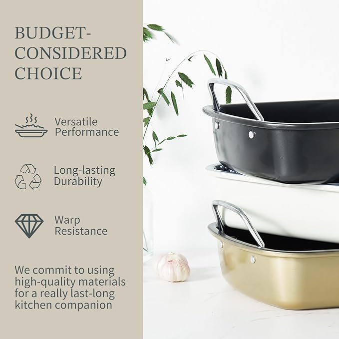 KITESSENSU Large Roasting Pan with Rack - 25 LB Nonstick Turkey Roaster Pan for Oven - Heavy Duty Carbon Steel Roasting Pan with Wider Handles for Chicken, Vegetables & Holiday Meals, Gold