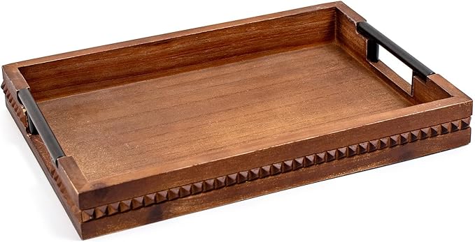 Rustic Wood Serving Tray with Handle Brown Rectangular Decorative Trays Farmhouse Charcuterie Boards Platter for Food, Fruit, and Coffee Great for Bed, Living, Coffee Table, Kitchen and Party