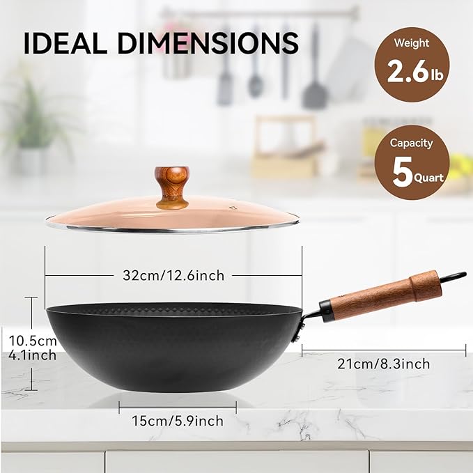 WANGYUANJI 12.6" Iron Wok with Lid, Flat Bottom Nonstick Wok Pan with Detachable Wooden Handle, Chinese Stir Fry Pan for Induction, Gas and Electric Stoves