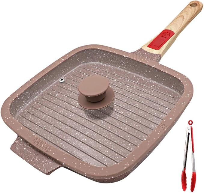 Nonstick Griddle Pan with Lid 10 Inch, Ceramic Coating, Detachable Handle, PFOA Free, Brown