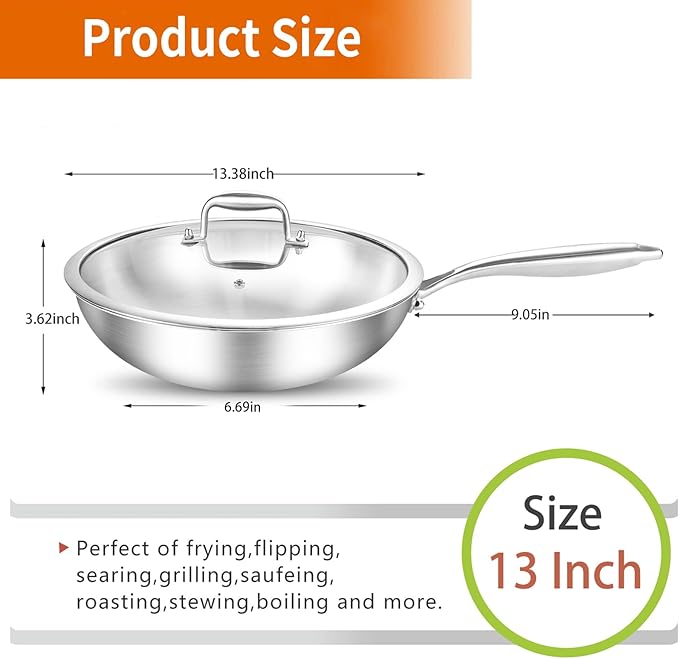 DELARLO Woks & Stir-Fry Pans, 13 in Stainless Steel Pan with Lid, Large Cooking Surface, Tri-Ply Stainless Steel Wok Pan,High Side 3 Layer Stainless Steel Saute Pan, Wok for induction cooktop, 600℉