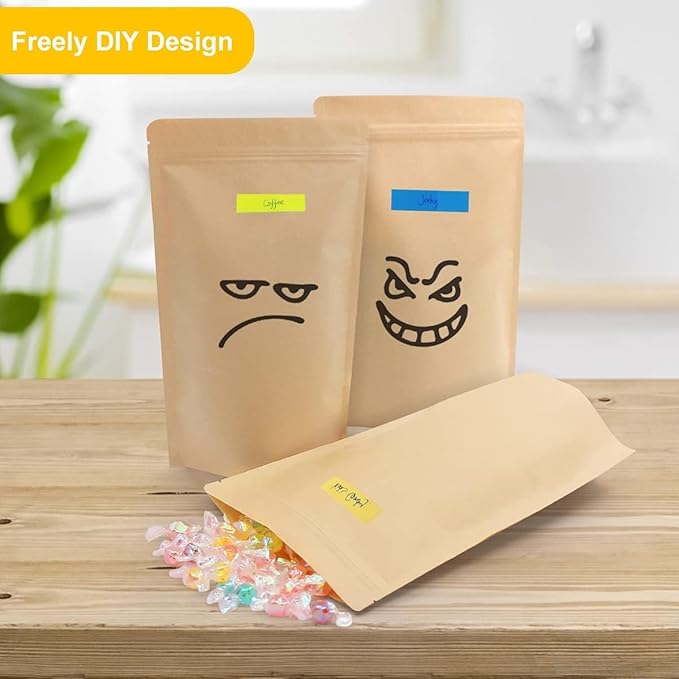 SumDirect Kraft Stand Up Pouches - 100 Pack Self-Sealing Zipper Food Storage Reusable Bags with Foil Lined for Home or Business (7x12 Inch,100PCS)