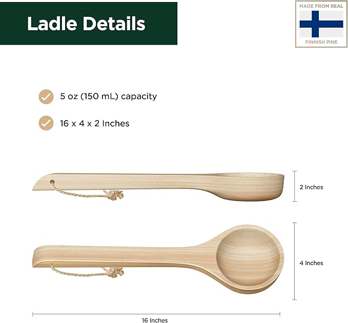Sauna Ladle - Handmade from Finnish Pine Wood - Natural Rope - 16″ Handle & 5 oz (150 mL) Capacity Spoon