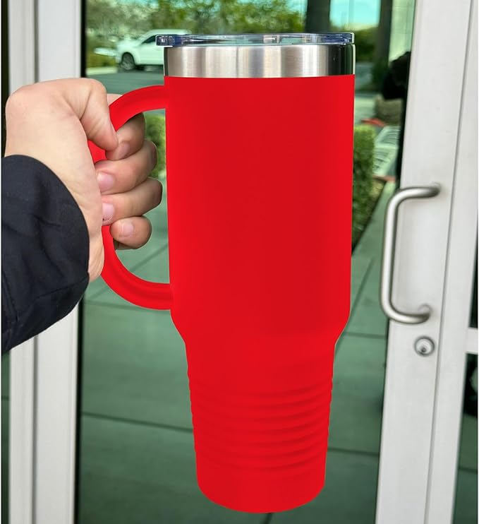 LaserGram 40oz Vacuum Insulated Travel Mug with Handle, Tiki Statue, Personalized Engraving Included (Red)