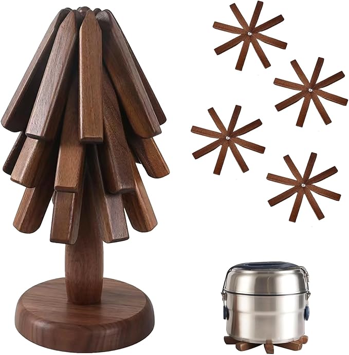 Wooden Tree Coasters, Trivets for Hot Dishes, Trivets for Hot Pots and Pans, Wooden Tree Trivet Set - 3 or 4 Wooden Trivet + 1 Stand, Christmas Coasters (Walnut,4pcs-B)