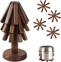 Wooden Tree Coasters, Trivets for Hot Dishes, Trivets for Hot Pots and Pans, Wooden Tree Trivet Set - 3 or 4 Wooden Trivet + 1 Stand, Christmas Coasters (Walnut,4pcs-B)