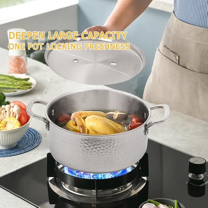 Vivicreate Tri-Ply Stainless Steel Stockpot – Deep Cooking Pot with Hammered Exterior, Compatible with All Stovetops, Even Heat Distribution, Durable Cookware for Soups, Stews, and More（7QT）