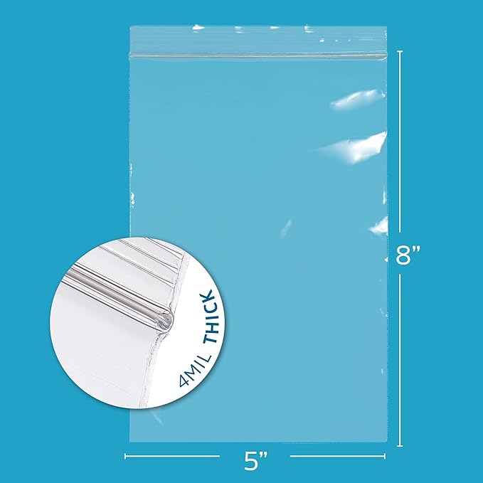 5" x 8" Heavy-Duty Zip Bags - 500 Count - Clear Plastic Reclosable Zipper Baggies, 4 Mil Thick Freezer Storage Poly Bags with Resealable Zip Top Lock for Packaging Food, Tools & Sharp Objects.