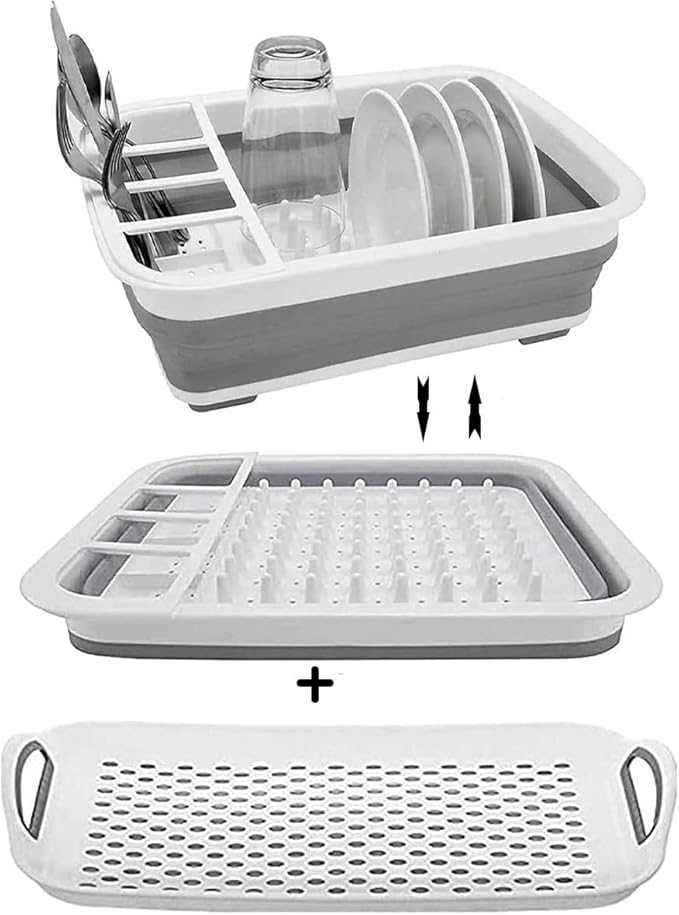 camper must haves dish drying rack Collapsible Dish Drying Rack Portable Dinnerware Drainer Organizer for Kitchen RV Campers Travel Trailers Space Saving Kitchen Storage Rack Tray (with Drainboard)