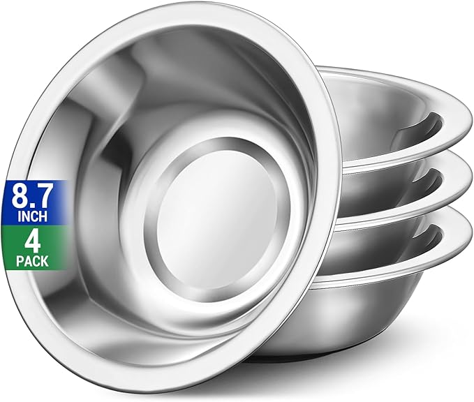 304(18/8) Stainless Steel Mixing Bowls for Kitchen, 4 Pack 8.7" 34.88 fl.oz Metal Mixing Bowls Set Stackable for Baking Serving Cooking Food Prep Storage Dishwasher Safe Heavy Duty