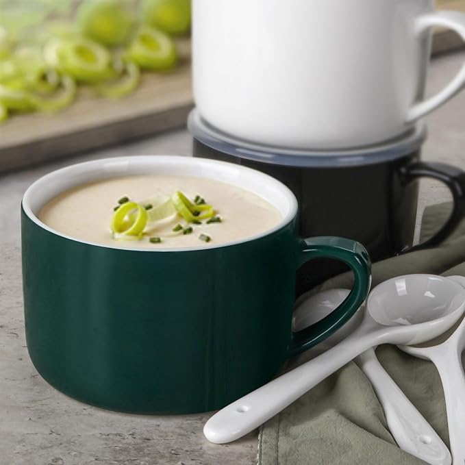 Soup Bowls with Handles & Spoons, 30oz Ceramic Ramen Bowl with Lid, Large Soup Mugs/Cups for Instant Noodle, Big Cereal Bowls for Oatmeal, Soup Containers with Lids, Set of 2, Dark Green
