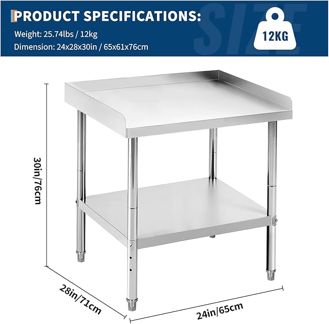 24x28x30 in Stainless Steel Equipment Grill Stand Table 400 LBS Capacity NSF Certified with Adjustable Legs, 2 in Edge Baffle, for Hotel, Home, Commercial Restaurant Kitchen