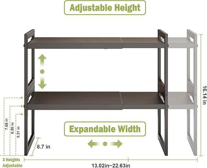 DOLALIKE Expandable kitchen Countertop Organizer, Stackable Cabinet Shelf Organizers, Space Saving Spice Rack Pantry Storage for Bathroom Office Organization (Black, 2 Pack)