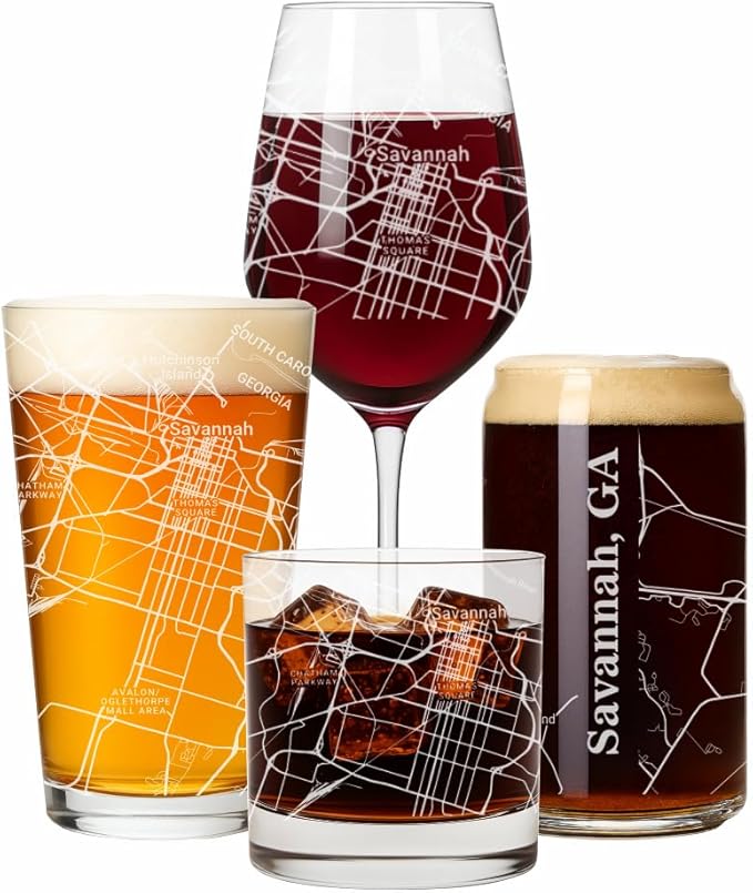 Blue Ridge Mountain Gifts - Savannah Souvenir - Georgia Glassware Gift, Etched City Map, Laser Engraved and Dishwasher Safe