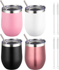 12 oz Insulated Wine Tumbler with Lid and Straw,Stainless Steel Stemless Wine Tumbler Glasses Double Wall Vacuum Wine Cups Tumbler Bulk for Coffee,Champaign,Cocktail,Office（Multicolor,4）