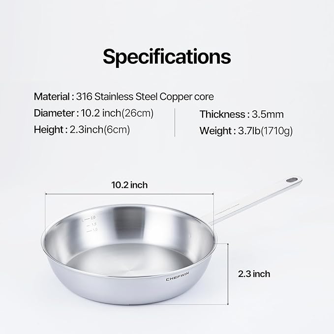 10.2 Inch Skillet Frying Pan 316 Stainless Steel Copper core 5-Ply Induction compatible Dishwasher & Oven Safe