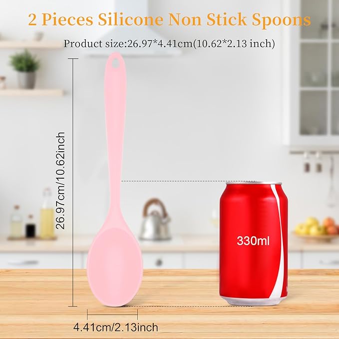 2 Pcs Silicone Nonstick Mixing Spoon,10.6Inch Silicone Spoons for Cooking Heat Resistant, Cooking Utensil for Kitchen Cooking Baking Stirring Serving (Pink)