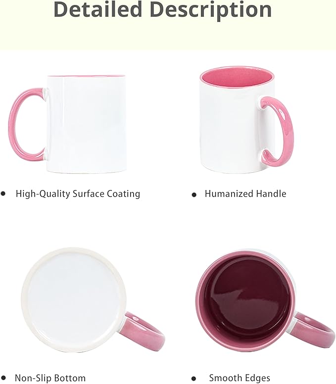 11oz White Ceramic Sublimation Coffee Mug With Solid Colors Inside and Handle Pink, Individual white gift box, Case of 12