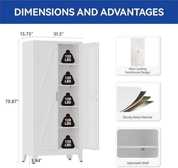 COFaR 71 in Tall Metal Storage Cabinet, Metal Cabinet with 4 Adjustable Shelves and Barn Doors, Farmhouse Cupboard Storage for Kitchen Pantry Garage Laundry, White 5-Tier