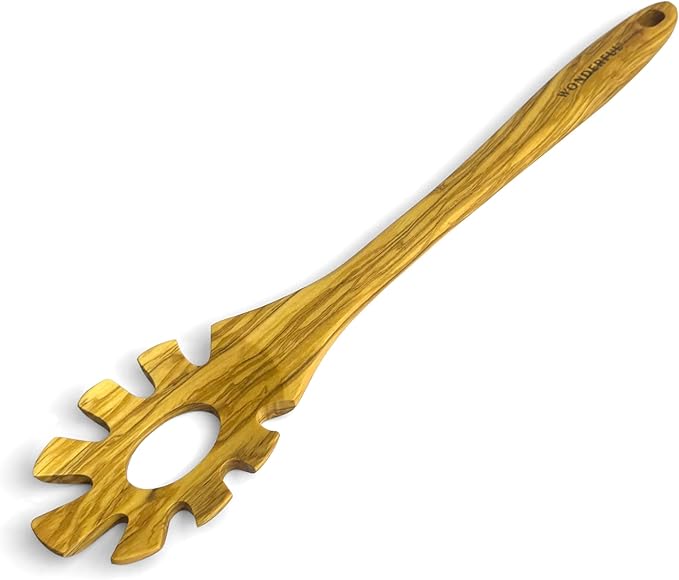 WONDERFUL 13.5 Inch Long Olive Wood Spaghetti and Pasta Server with Measurer, Ideal Spaghetti Server, Pasta Forks and Ladle