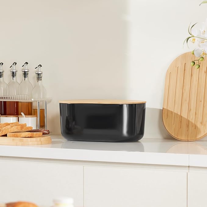 HouseJoy Large Bread Box for Kitchen Countertop,Fiber Bread Box With Cutting Board Lid,Black Bread Storage for Homemade Container,Corner Bread Holder for Toast Bagel Donut Cookies