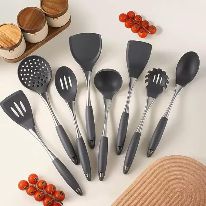 8-Piece White Kitchen Utensil Set with Gold Handles, Stainless Steel Cooking Tools, Includes Spatulas, Ladle, Spoons for Nonstick Cookware (silvery and Grey)
