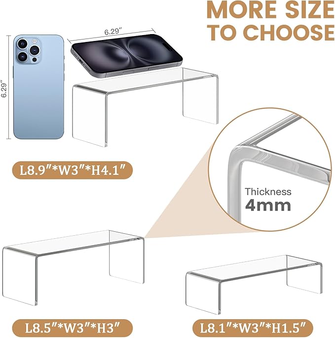 6 Pcs Clear Acrylic Display Riser, Rectangle Acrylic Risers for Display Suitable for Food Dessert, Perfume, Cosmetics, Jewelry, Collectibles, Puppets, Anime Characters