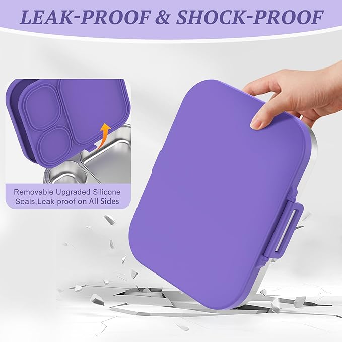 Stainless Steel Lunch Box, Leak-Proof with free sealing Bento Box 3 Compartments, Metal Lunchbox for Travel & Work, Eco-Friendly Meal Storage Solution Purple