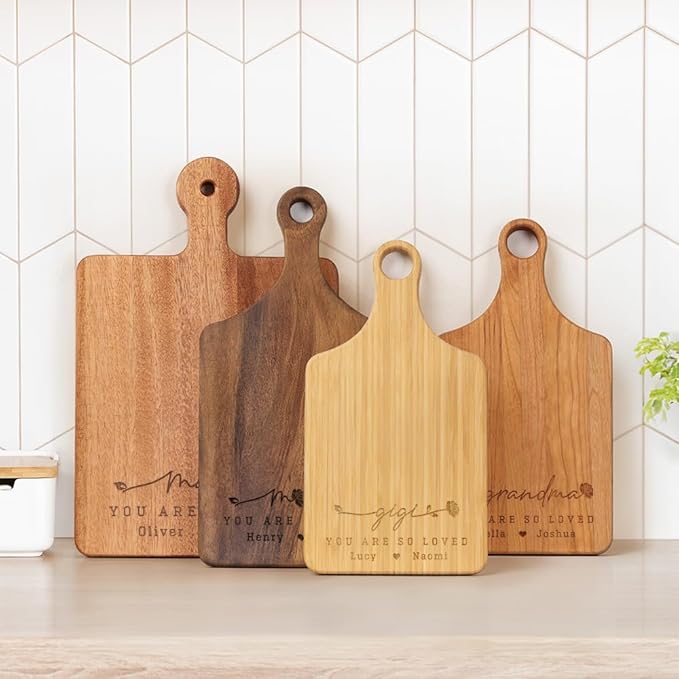 Personalized Wooden Engraved Cutting Boards with Handle, Custom Reversible Monogrammed Cheese Board S M L, Housewarming Wedding Gift for Family or Couple (Carnation Title)