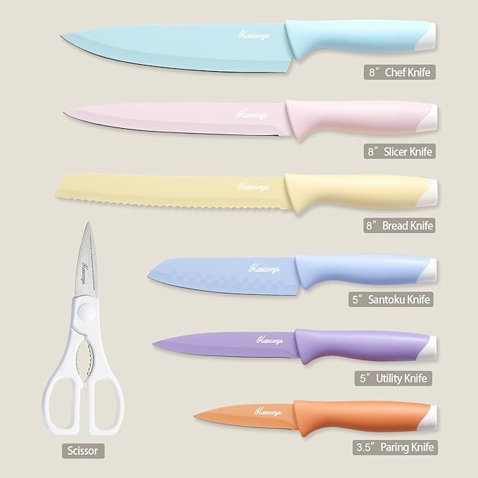 Colorful Knife Set, 13 Pieces Kitchen Knives Set with Nonstick Ceramic Anti-Rust Coating, Chef Knife Sets with 6 Blade Guards, Dishwasher Safe, Gifts Knife Set for Women