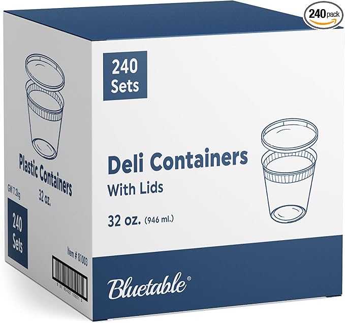 32 oz Deli Containers with Lids (240 Pack) Bulk – Plastic Quart Container with Lid Disposable 32oz freezer Soup & Food Storage Tall large Container 32 Ounce - Cups with Cover [240 Sets Case/Pack]