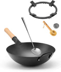 WANGYUANJI 14.2 Inch Round-Bottom Iron Wok and Cast Iron Wok Ring for Gas Stove, 8.3" Non-Slip Wok Support Rack