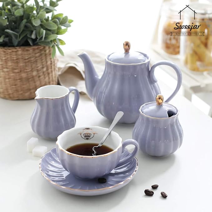 Sweejar Royal Teapot, Ceramic Tea Pot with Removable Stainless Steel Infuser, Blooming & Loose Leaf Teapot - 28 Ounce(Purple)