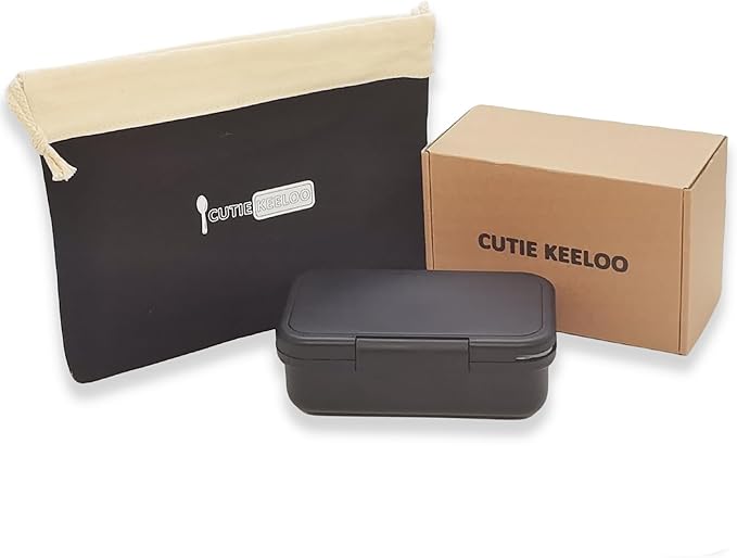 Stainless Steel Small Bento Box for Adults - Leakproof Microwave Safe Lunch Box for Work, Meal Prep and On the Go with Utensils & Canvas Bag (Black), Compact-Sized for Moderate Appetites