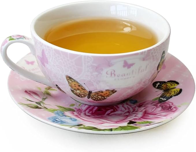 ONEUSTAR Tea for One Set Ceramic Floral Teapot and Cup Saucer Set for Women Afternoon Tea Mother's Day Gift in Reusable Gift Box, Pink Rose Flower