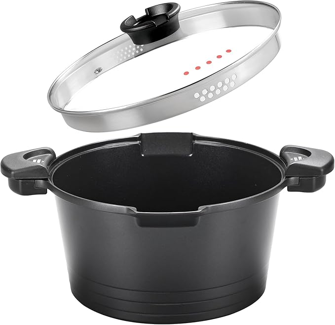 5qt Pasta Pot with Strainer Lid, Cast Aluminum Stockpot Multipot, Nonstick Ceramic Coating make Cleanup easy with Tempered Glass Lid, Dishwasher Safe, Induction, Black